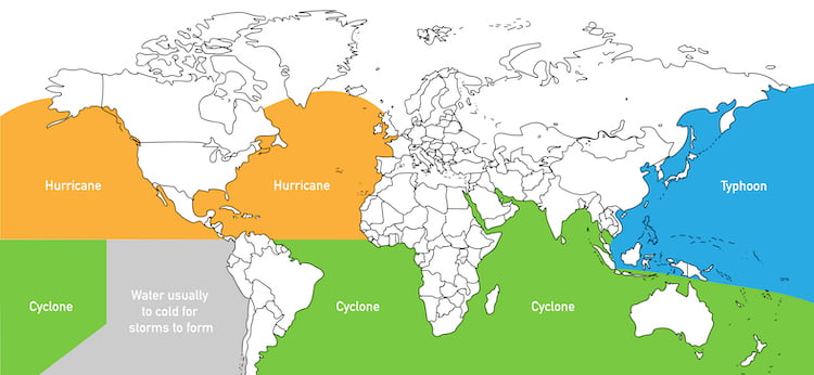 infographic showing where hurricanes, typhoons, and cyclones form