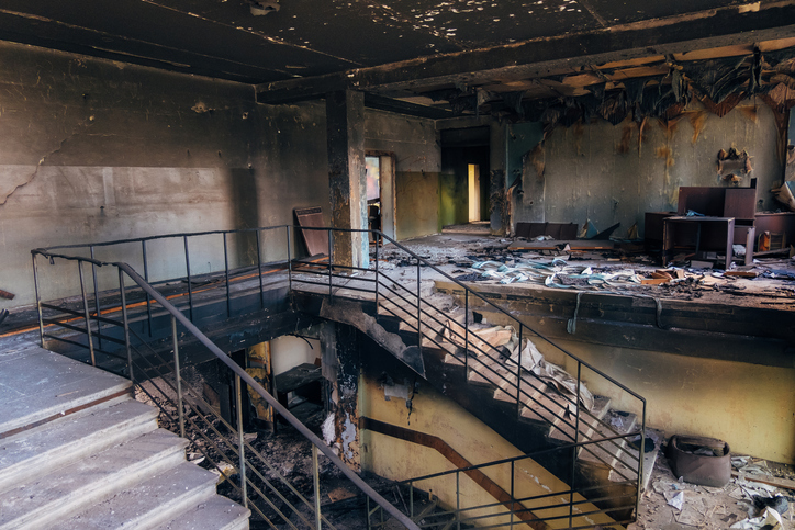 A staircase in a severely fire-damaged office building in Paso Robles, California