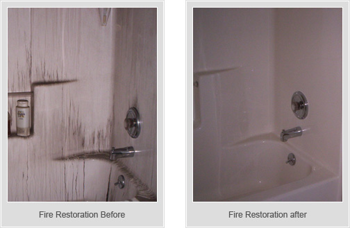Fire damage restoration before and after photos of a bathtub