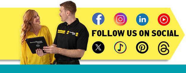 follow us on social with two people talking and social media icons