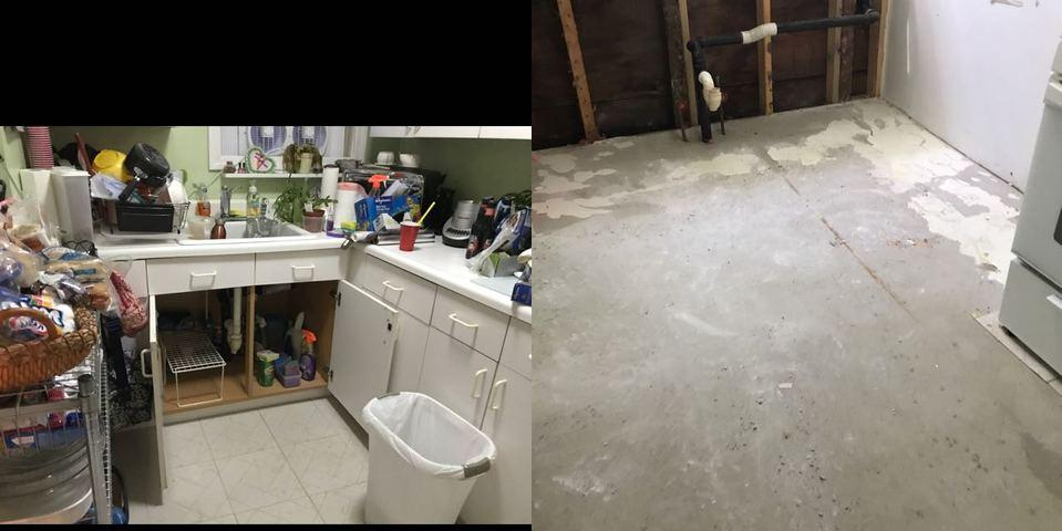 before and after cabinet removal due to water damage