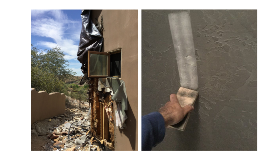 Images of a burned house and person cleaning soot off of a wall