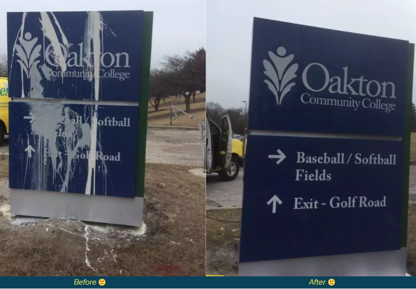 before and after image of a vandalized sign 