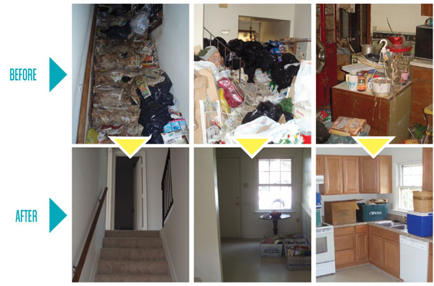 Before and after images of a cluttered house that's been cleaned