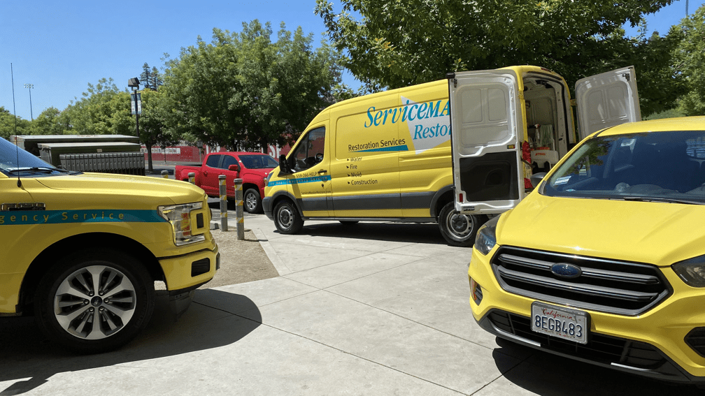 ServiceMaster Trucks in preparation for restoration services in Visalia, CA
