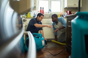 water damage professional talking to customer