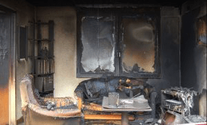 fire damaged living room 