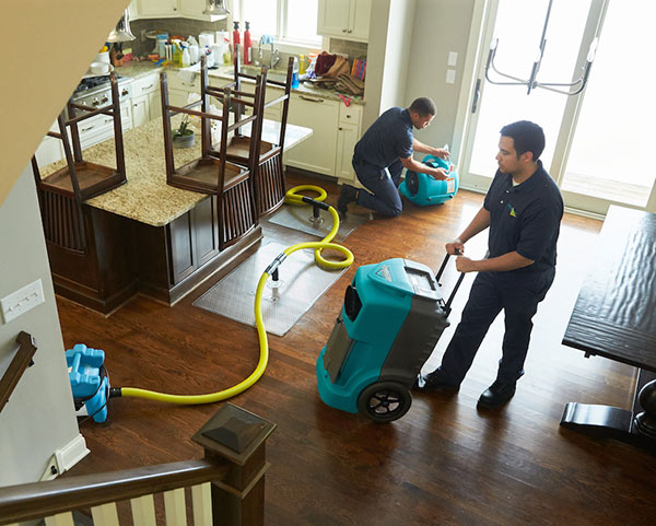 ServiceMaster technicians restoring water damage in a residential kitchen