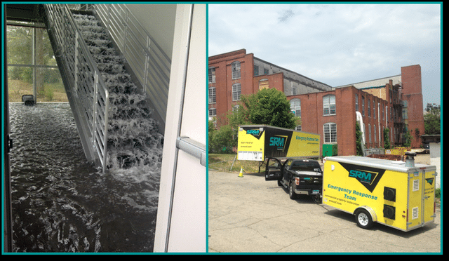 flooded building and servicemaster emergency response team trucks