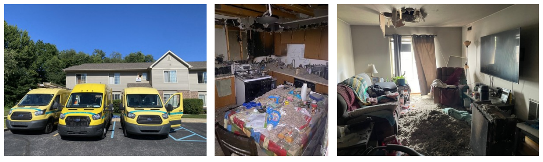 collage of home restoration van and damaged houses