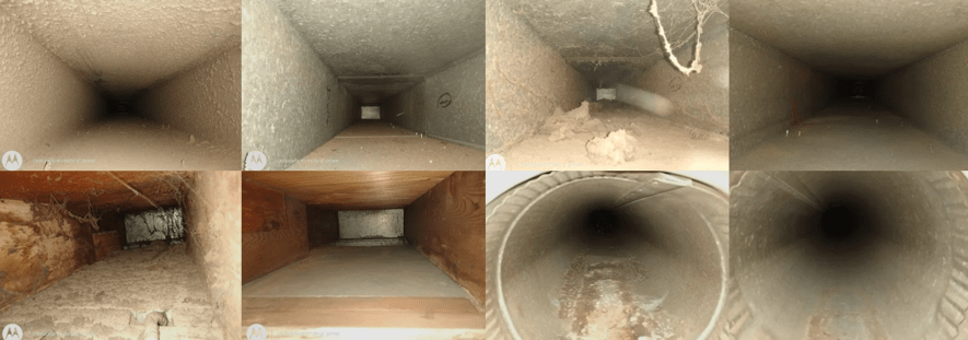 before and after images of air ducts after duct cleaning