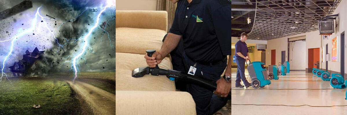 three images side by side, one showing a natural disaster, the second showing a ServiceMaster team member cleaning a couch, the third showing a ServiceMaster team member cleaning a commercial space