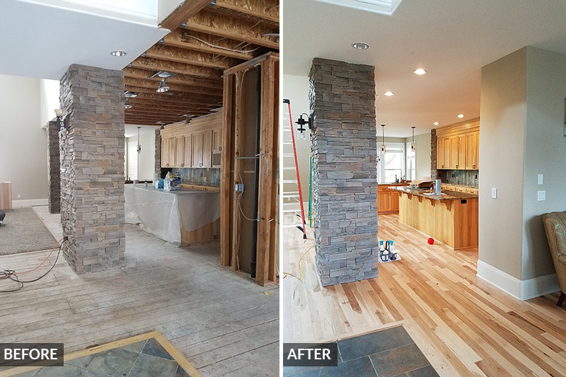 Before and after images of a residential kitchen restored from water damage
