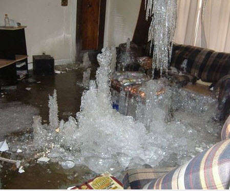 frozen family room covered in ice from a burst pipe